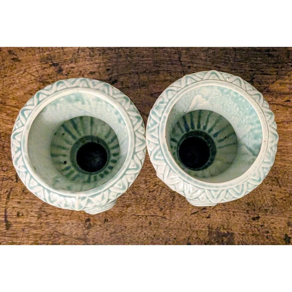 Vintage Pair Celadon Green Majolica Style Vases Neoclassical Mantle Urns Japan